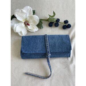 Vintage Denim Makeup Organizer Bag With 4 Makeup Brush Holder Wrap-Around Strap